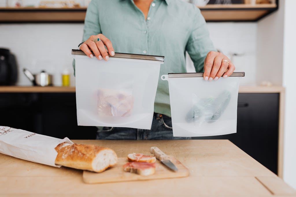 Set of clear PEVA food storage bags with zip closure