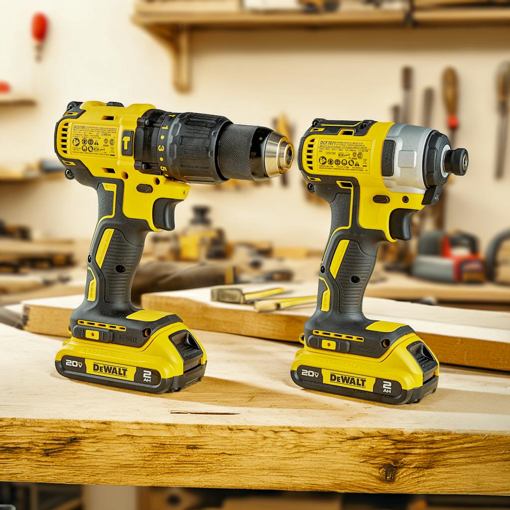 Two DeWalt 20V MAX XR cordless drills on wooden workbench in workshop setting