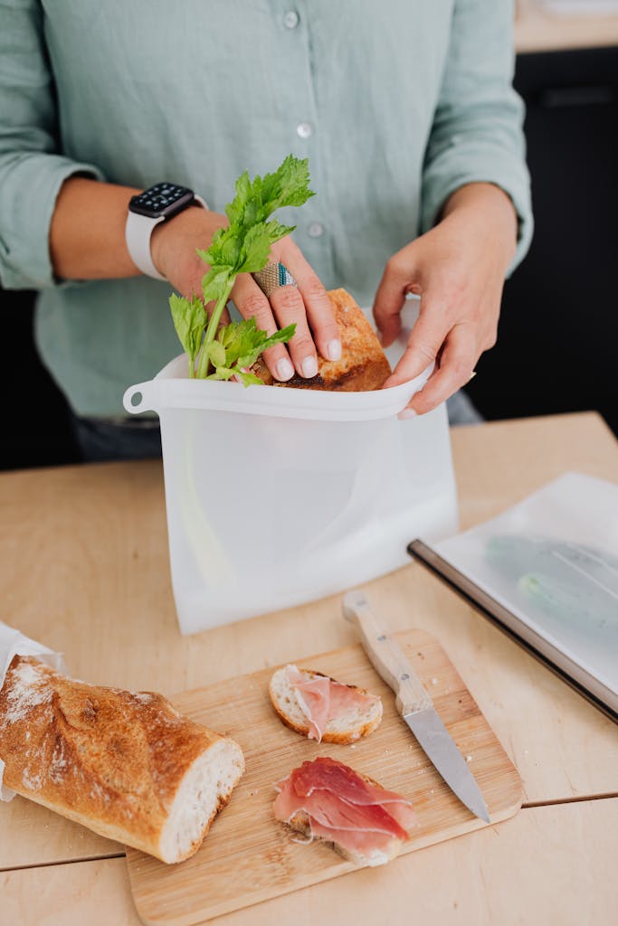 Silicone stand-up reusable food container in kitchen
